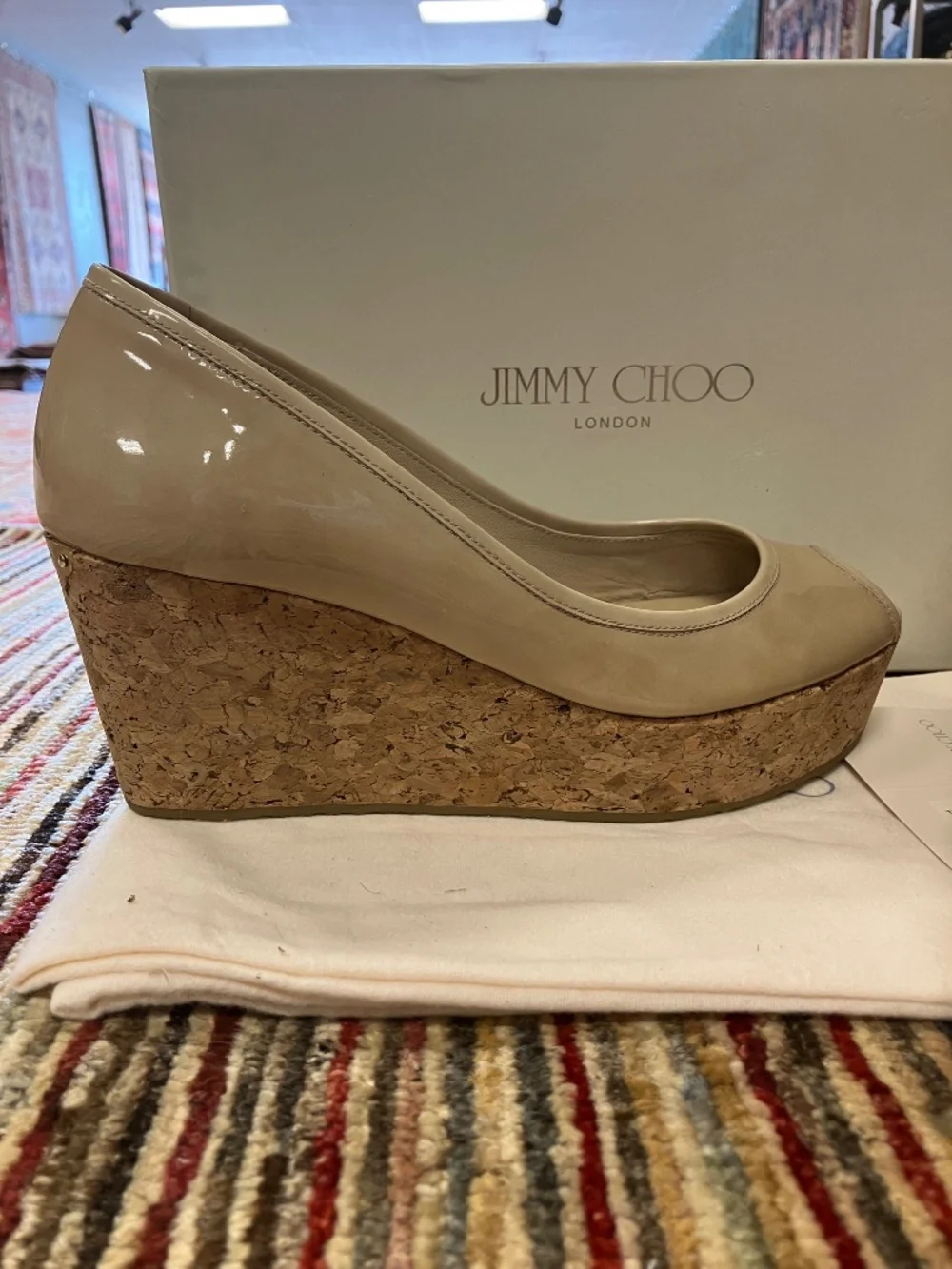 NEW Jimmy Choo USA 7 - Open Toe, Nude (Tan, Beige), Patent Leather, Cork Wedges